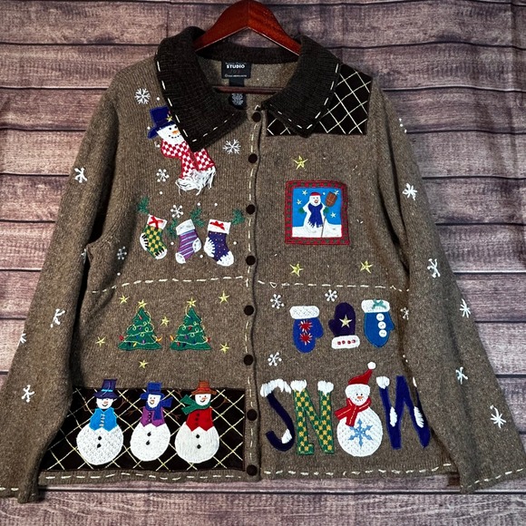 Designers Originals Sweaters - VTG Studio Joy Designers Snowman Ugly Christmas Snowman Sweater Cardigan 2X